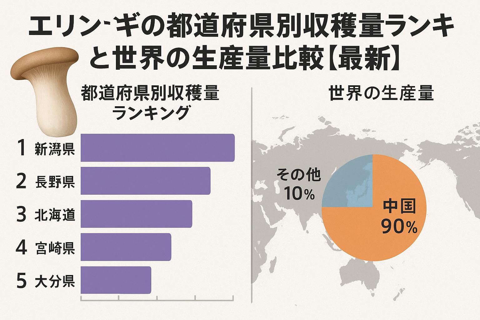 エリンギの都道府県別収穫量ランキングと世界の生産量比較【最新】